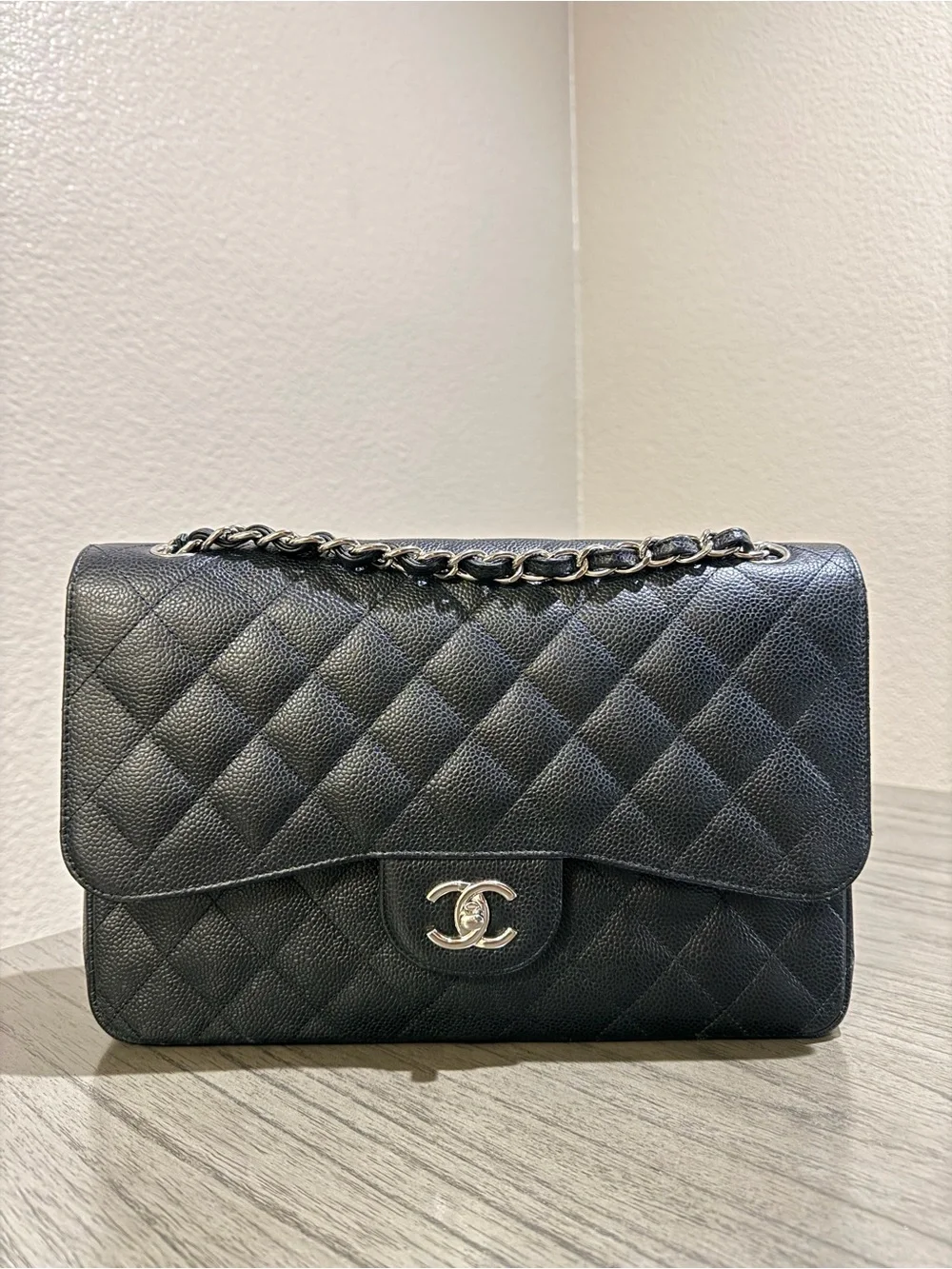 CHANEL Black Caviar Quilted Jumbo Double Flap Silver Hardware